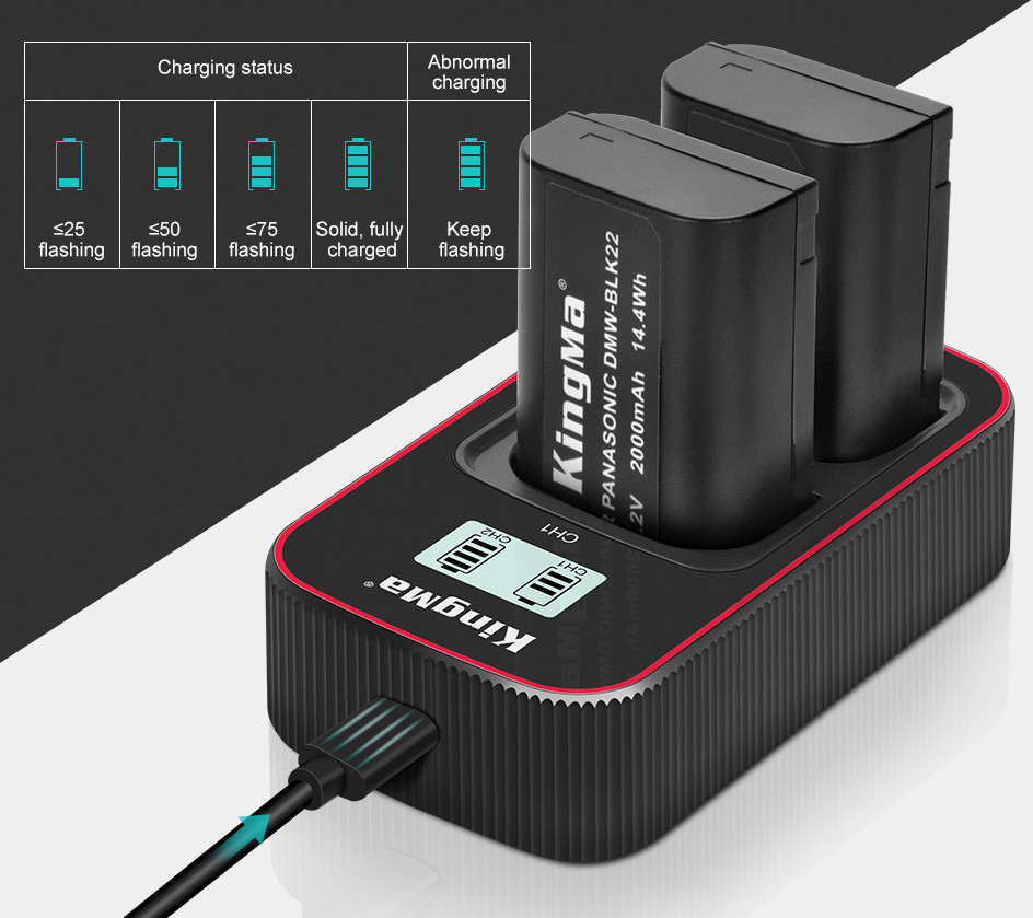 2 аккумулятора DMW-BLK22 + зарядное устройство Kingma