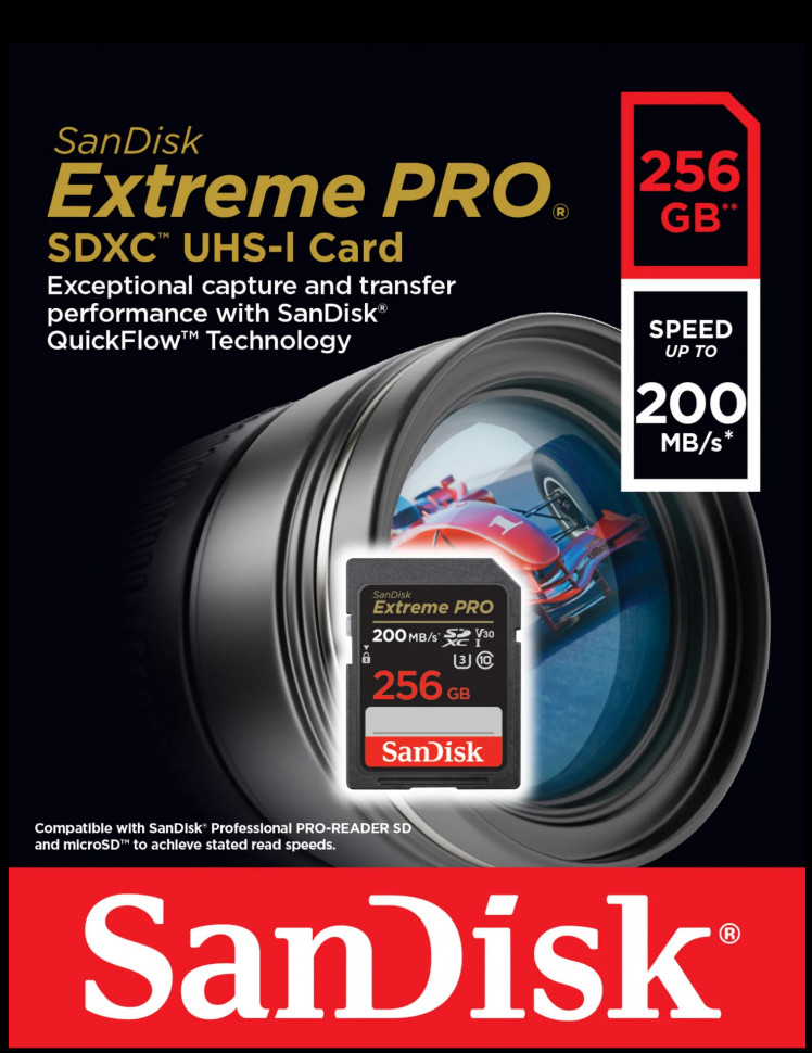 Карта памяти SDXC 256GB Sandisk Extreme Pro UHS-I V30 U3 R200/W140MB/s