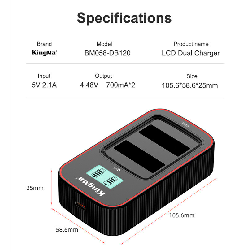 Зарядное устройство Kingma BM058-DB120 для 2х Ricoh DB-120, USB