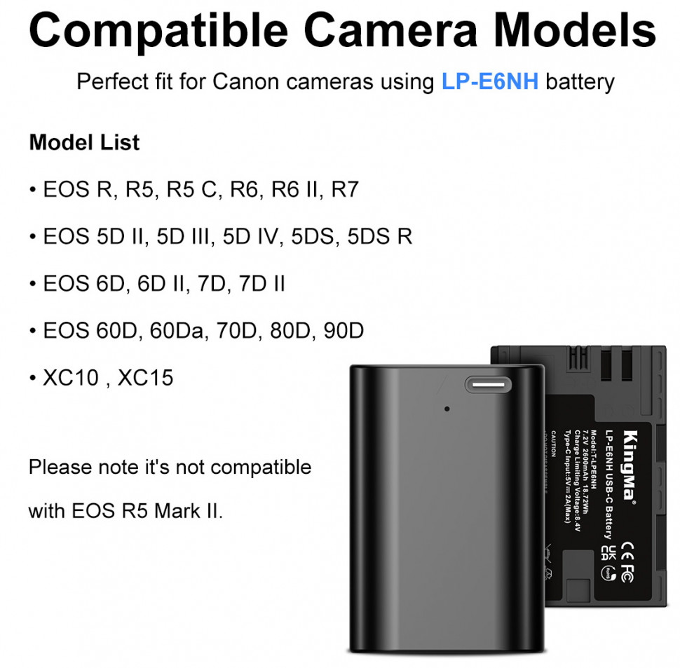 Аккумулятор Kingma LP-E6NH, с портом зарядки Type-C, 2400 мАч