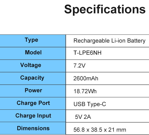 Аккумулятор Kingma LP-E6NH, с портом зарядки Type-C, 2400 мАч