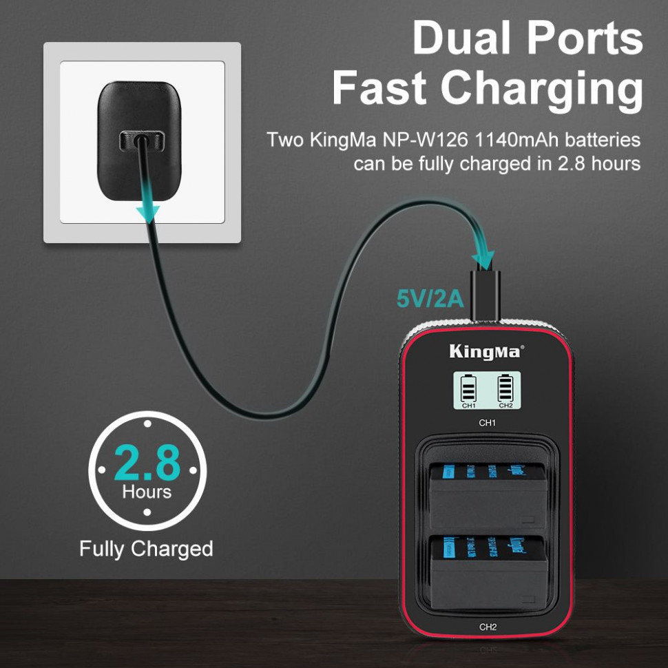 Kingma, комплект из зарядного устройства BM058 и 2 аккумуляторов NP-W126 (1140mAh)