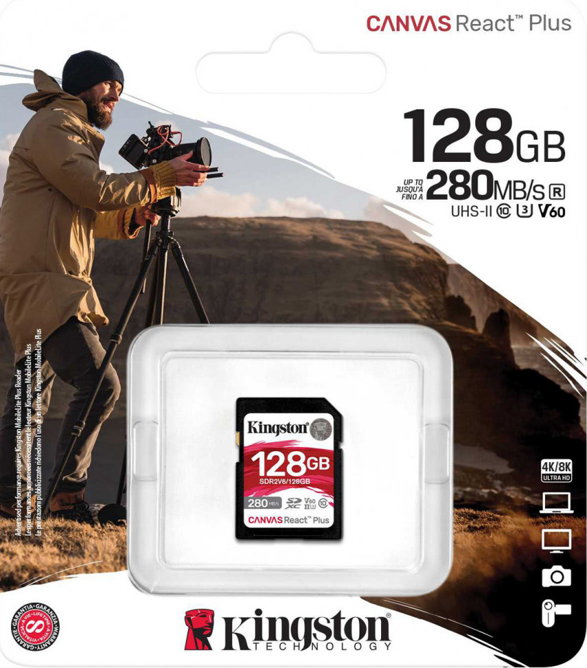 Карта памяти SDXC 128GB Kingston Canvas React Plus V60 UHS-II Class U3 100/280Mb/s