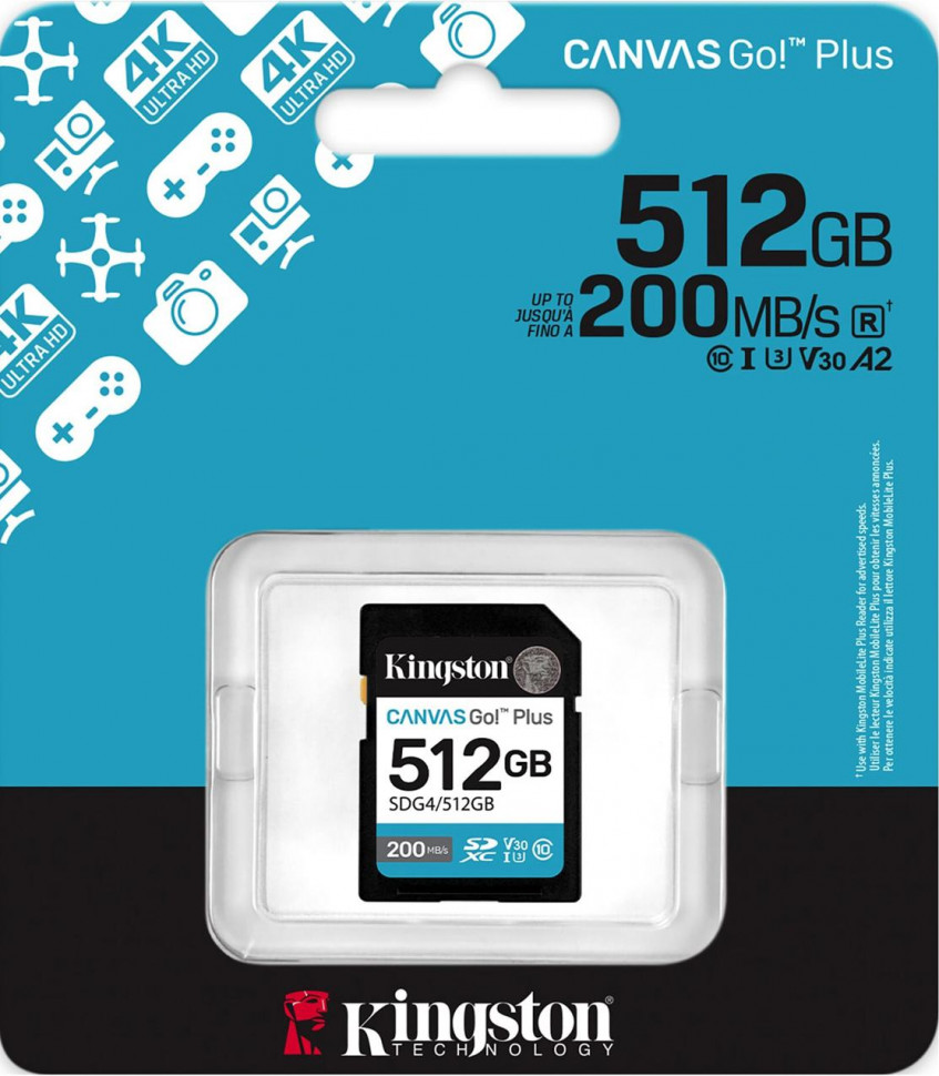 Карта памяти SDXC 515GB Kingston Canvas Go Plus UHS-I Class U3 V30 160/200Mb/s