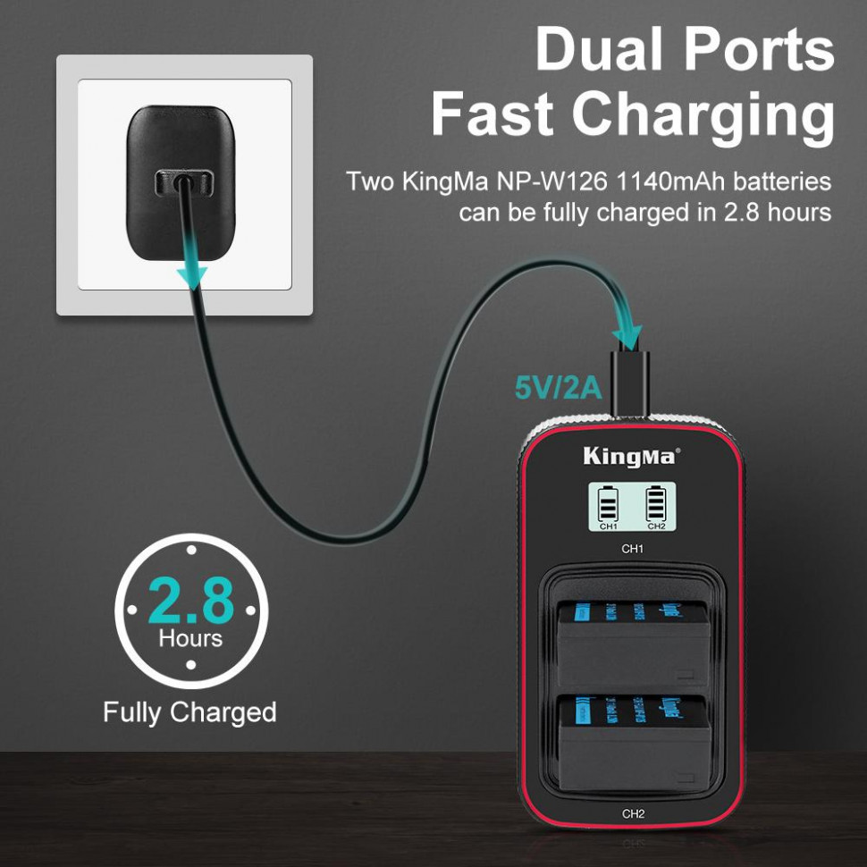 Зарядное устройство Kingma BM058-W126, для 2х NP-W126, USB, с дисплеем