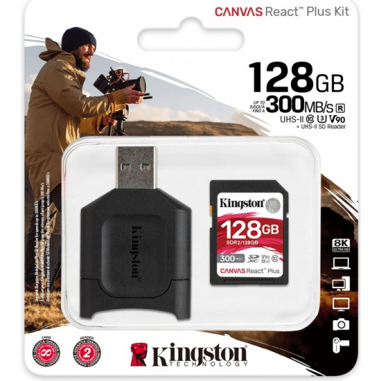 Карта памяти SDXC 128GB Kingston  Canvas React Plus UHS-II V90, с карт-ридером, 260/300Mb/s