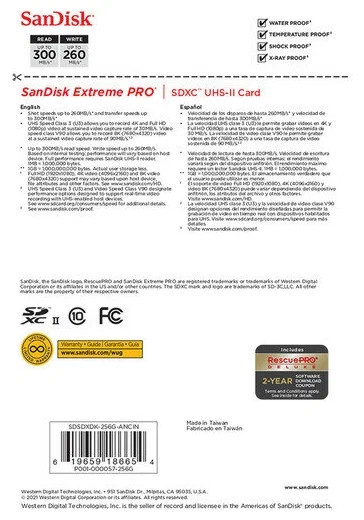 Карта памяти SanDisk SDXC 256GB Sandisk Extreme PRO UHS-II V90 300MB/s