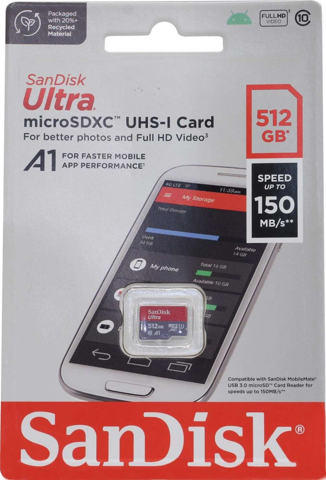 SanDisk MicroSDXC 512GB Ultra UHS-I A1 V30 U3 150MB/s
